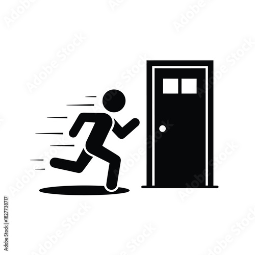 Stick figure running towards door escaping rushing or entering quickly