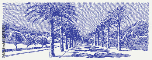 The image is a blue and white drawing of a street with trees lining the road. The trees are spread out along the street. vector illustration