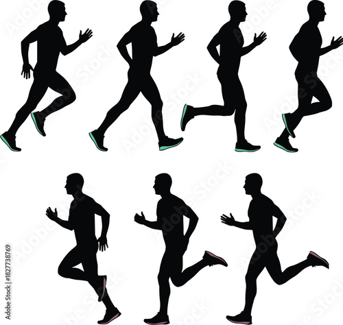 Running motion, athlete silhouette, stride phases, biomechanics, foot contact, sports training, dynamic pose, black vector, movement study, animation reference