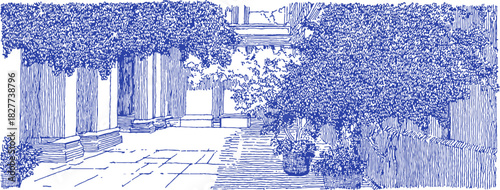 A blue and white drawing of a path with trees. The path is lined with trees and has a bench. vector illustration