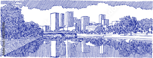 A blue and white drawing of a city with a river running through it. The river is surrounded by trees and buildings. vector illustration