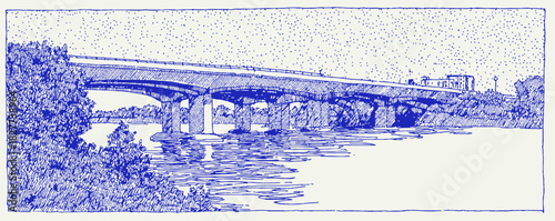 A blue and white drawing of a bridge over a river. The bridge is very long and has a lot of detail. vector illustration