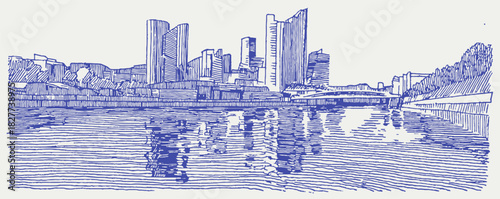 A city skyline with a river running through it. The water is blue and the sky is white. vector illustration