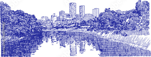 A blue and white drawing of a city with a river running through it. The river is surrounded by trees and buildings. vector illustration