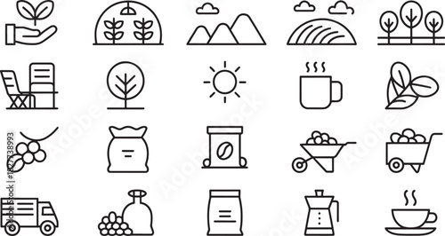 Coffee cultivation and production outline icons on a white background Keywords: coffee, cultivation