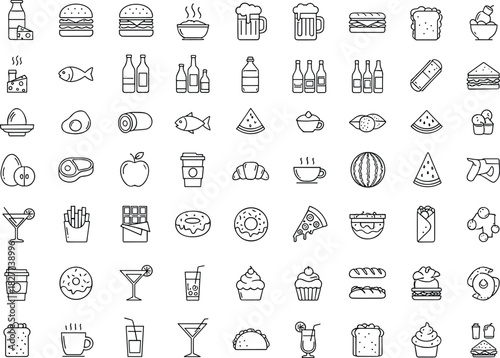 Large collection of food and beverage line icons featuring snacks, drinks, desserts, fruits, meals, and kitchen essentials for modern vector designs.