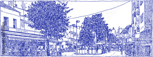 A blue and white drawing of a city street with people sitting at tables and umbrellas. vector illustration