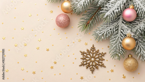 christmas eve concept holiday ornaments and a snowflake resting on a textured light background. Golden and pink decorations bring a warm festive cheer to the scene.