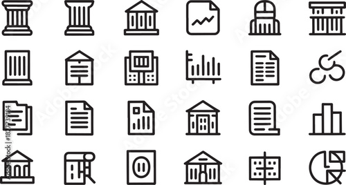 Collection of financial and architectural icons in outline style finance business