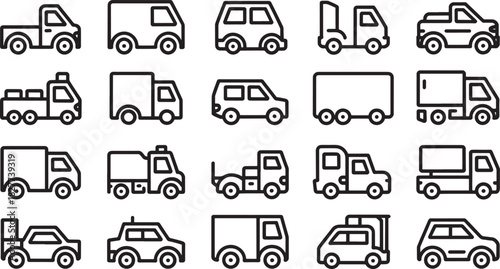 Collection of Outline Icons Representing Various Types of Trucks and Cars pickup truck box truck