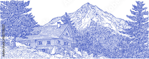A blue and white drawing of a mountain with a cabin in the foreground. The cabin is small and has a chimney. vector illustration