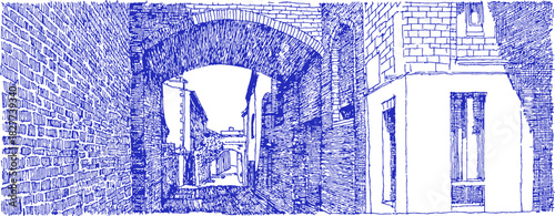 A blue and white drawing of a brick wall with a doorway. The doorway is open. The drawing is in a blue and white color scheme. vector illustration