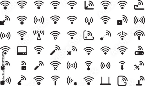 Collection of wireless signal and wifi connection icons in black network