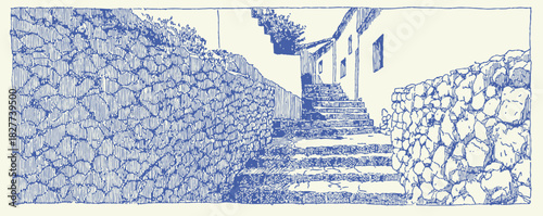 A stone wall with a set of stone steps leading up to it. The wall is made of large, rough stones. vector illustration