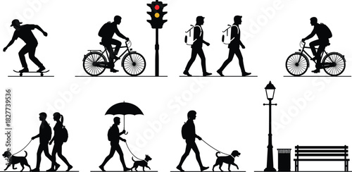 Urban activity silhouettes, city life icons, walking, biking, dog walking, street furniture, traffic light, black vector illustration