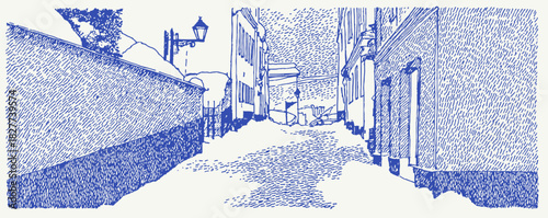 A blue and white drawing of a street with a building on the left and a building on the right. vector illustration