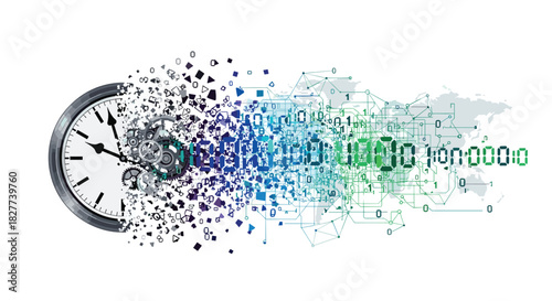 Clock Dissolving into Digital Data Stream, Generative AI.