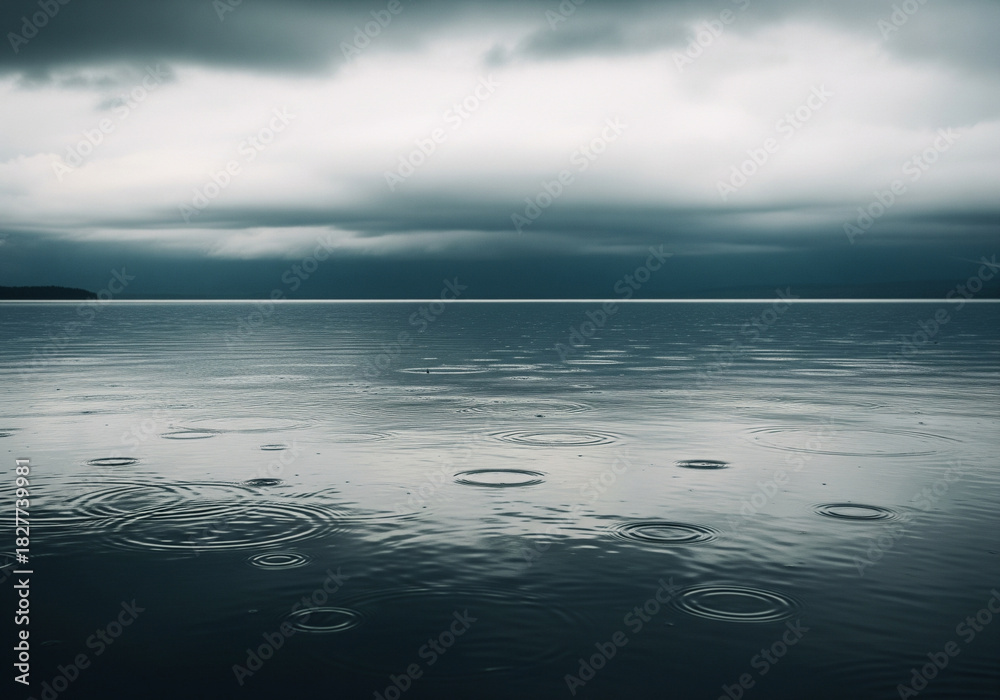 Obraz premium A tranquil yet intense depiction of a large body of water under a dark, stormy sky, with raindrops creating ripples on the surface, evoking a sense of calm and brooding atmosphere