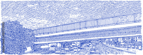 A blue and white drawing of a bridge with cars on it. The bridge is over a road with cars driving on it. vector illustration