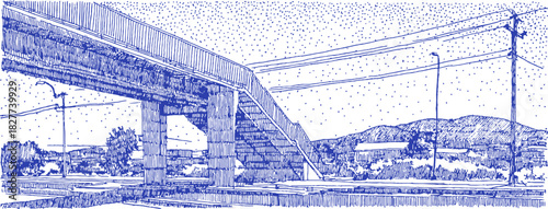 A blue and white drawing of a bridge over a river. The bridge is under construction. There are several cars on the bridge. vector illustration
