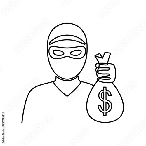 Line drawing of thief holding bag of money with dollar sign