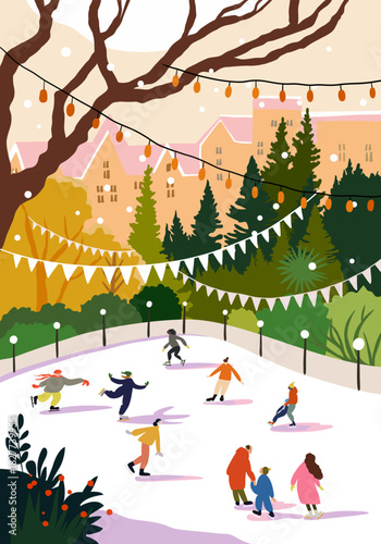 Winter ice skating rink in city park, people skating outdoors at holiday season. Cheerful outdoor holiday season scene with families and friends enjoying leisure activity on ice, perfect for Christmas