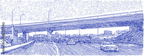 A blue and white drawing of a highway with a bridge over it. There are cars on the road and a truck. vector illustration