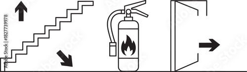 Fire Safety Icons Showing Stairs Extinguisher and Exit Door emergency escape