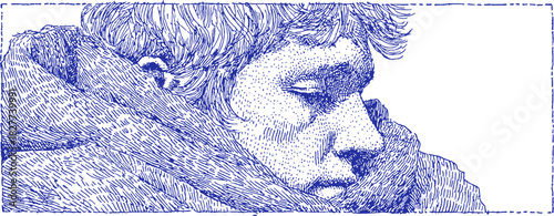 A man is wearing a blue scarf. He is wearing a blue shirt. The scarf is wrapped around his neck. vector illustration