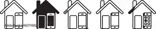 Five house icons with smartphones and tablets in different styles home building