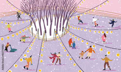People ice skating on circular winter rink around trees with festive lights, flat vector illustration. Lively holiday season scene with families, children and couples enjoying leisure activity on ice
