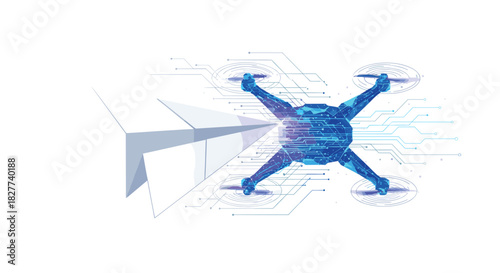 Futuristic Blue Drone with Digital Network Overlay, Generative AI.
