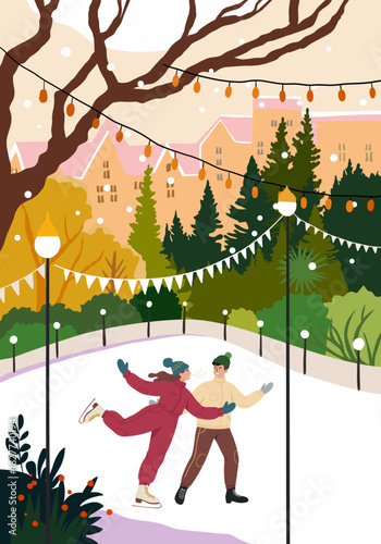 A young couple ice skating together on a winter rink in a city park with festive lights, garlands and snow falling, surrounded by trees and old town buildings. Romantic outdoor holiday season