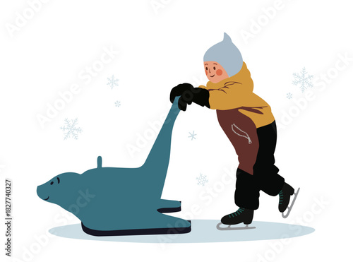 Child learning to ice skate with seal skating aid, flat vector illustration. Cute kids winter sport and leisure illustration