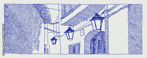 A blue and white drawing of a street with three street lamps. The lamps are lit up and are on the left side of the image. vector illustration