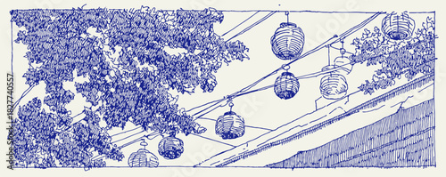 A blue and white drawing of lanterns hanging from a roof. The lanterns are hanging from a wire and are of different sizes. vector illustration