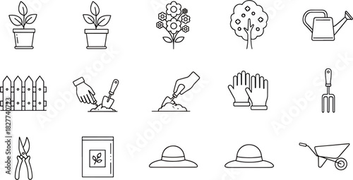 Collection of Garden and Gardening Icons Seamless Pattern on White Background for Design Projects, Vector Illustration