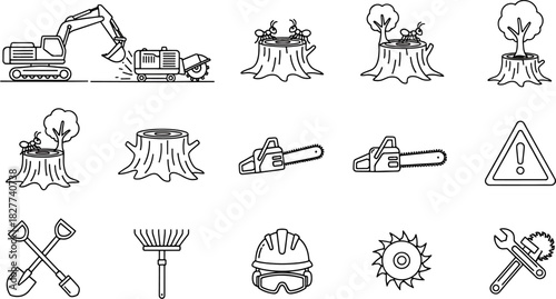 Collection of forestry and industrial icons featuring excavators, chainsaws, tree stumps, safety gear, and warning signs.