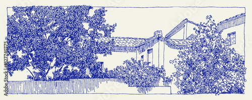 A blue and white drawing of a house with a tree in front of it. The house is on the right side of the drawing. vector illustration