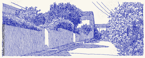 A blue and white drawing of a street with a fence. The fence is on the left side of the street. vector illustration