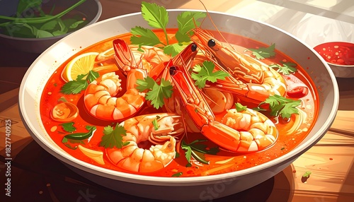 A vibrant bowl of spicy shrimp soup, garnished with herbs and lemon on a wooden surface