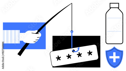 Hand phishing for password with hook, black screen, password bait, bottle, shield, cross. Ideal for cybersecurity, protection, safety hacking awareness healthcare simple flat metaphor