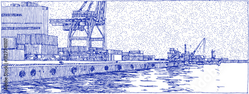 A blue and white drawing of a harbor with a ship in the water. The ship is in the middle of the water. vector illustration