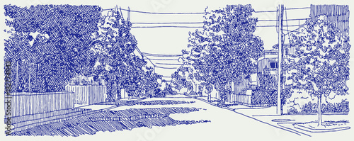 A blue and white drawing of a street with trees and a fence. The street is empty and there are no people or vehicles. vector illustration