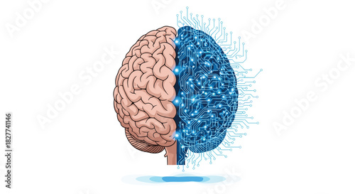 Human Brain Divided into Organic and Digital Halves, Generative AI.