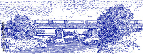 A blue and white drawing of a train crossing a bridge. The train is in the foreground and the bridge is in the background. vector illustration