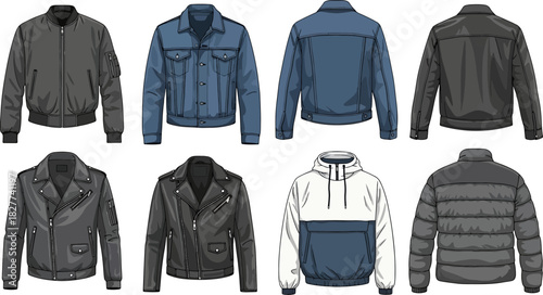 Collection of eight diverse men's jackets shown from the front and back, including bomber, denim, leather, and puffer styles.