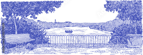 The image is a blue and white drawing of a city with a river and a bridge. The city is located near a forest. The river is calm. vector illustration