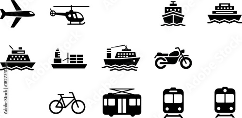 Collection of Diverse Transportation Icons Airplane Helicopter Ship Motorcycle Bicycle Train Subway Vector Symbols
