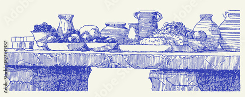 The image is a blue and white drawing of a bridge with a variety of pots and bowls placed on it. vector illustration